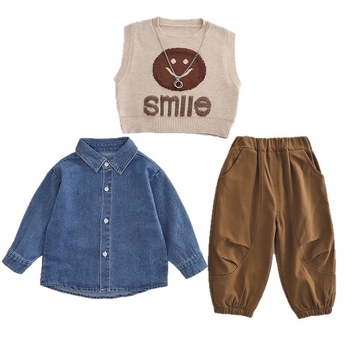 Детски костюм от три части: памучен мъхнат плат, дънкова риза и суитър жилетка с усмихнато лице, унисекс, за деца 1–3 години
