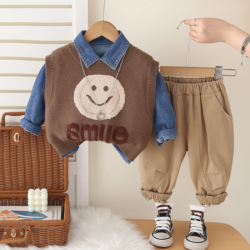 Детски костюм от три части: памучен мъхнат плат, дънкова риза и суитър жилетка с усмихнато лице, унисекс, за деца 1–3 години