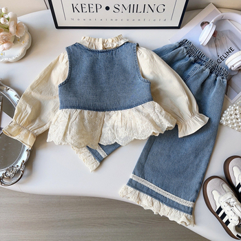 Lányoknak szóló háromrészes nyak nélküli denim mellény-pantalon szett, 100% pamut, koreai stílus, tavasz–ősz, 1–3 éveseknek