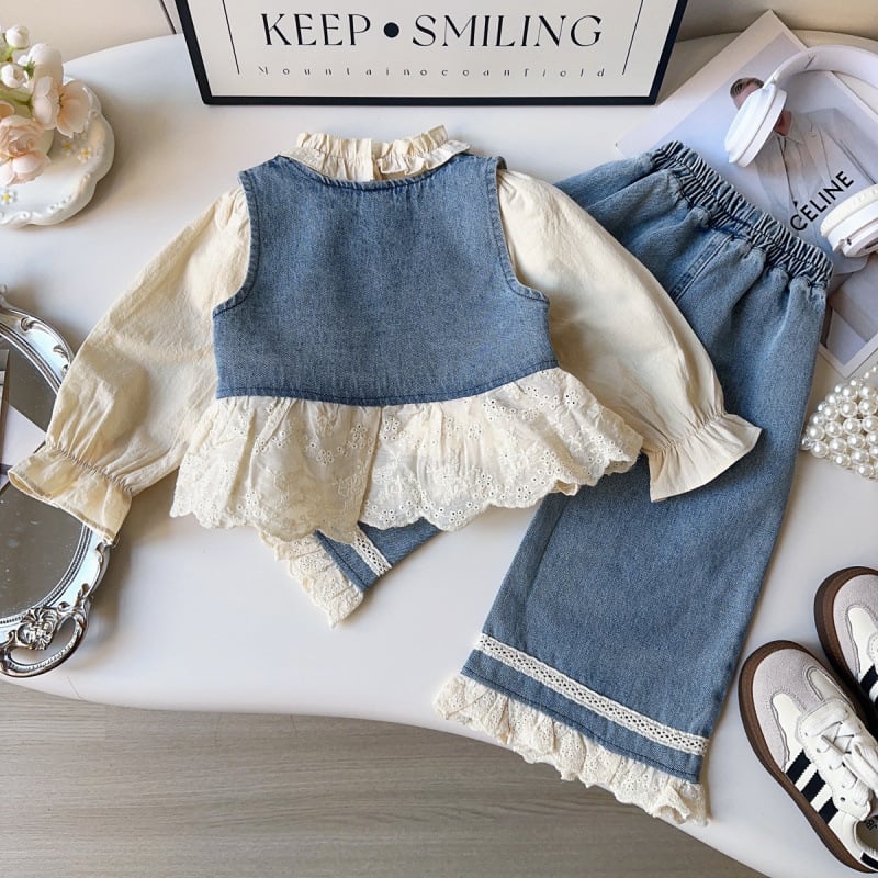 Lányoknak szóló háromrészes nyak nélküli denim mellény-pantalon szett, 100% pamut, koreai stílus, tavasz–ősz, 1–3 éveseknek