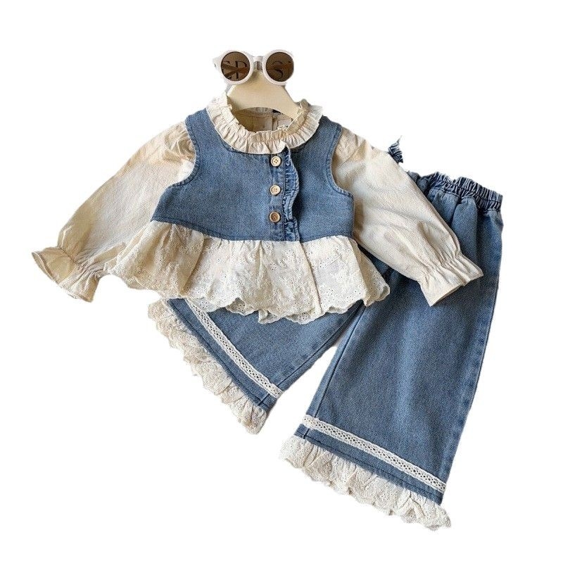 Lányoknak szóló háromrészes nyak nélküli denim mellény-pantalon szett, 100% pamut, koreai stílus, tavasz–ősz, 1–3 éveseknek