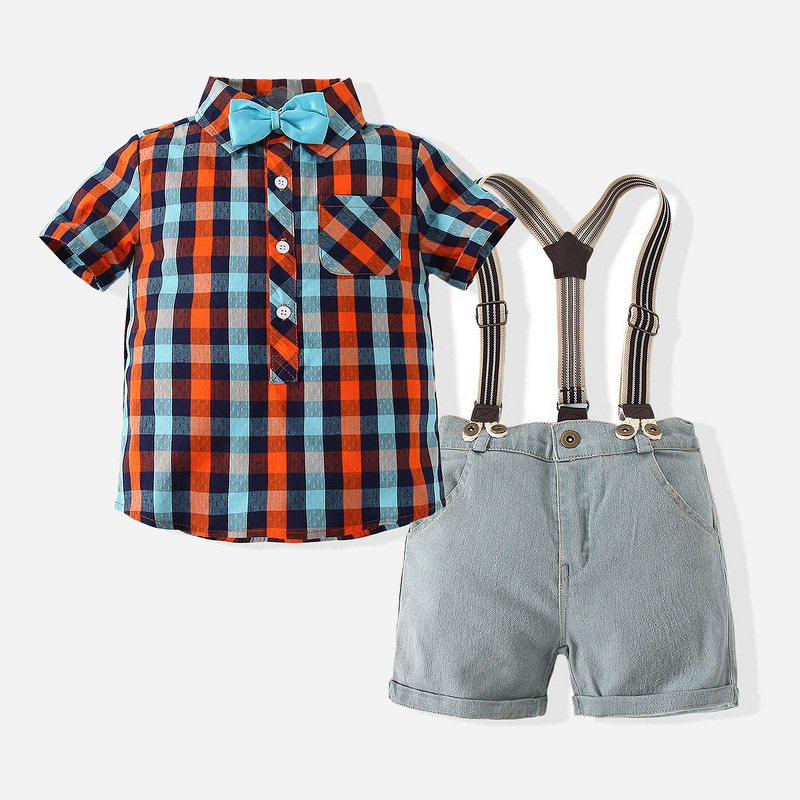 Set de vară pentru băieți, două piese: cămașă cu mânecă scurtă în carouri și salopetă din denim cu pantaloni scurți, bumbac 98%, model în carouri, vară, vârsta 3–8 ani