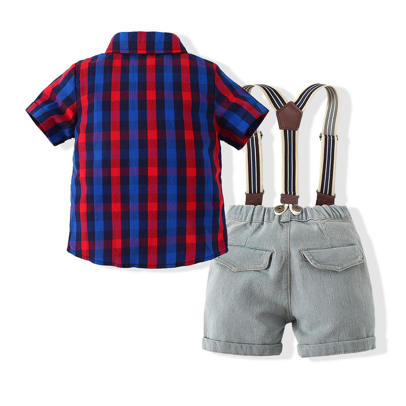 Set de vară pentru băieți, două piese: cămașă cu mânecă scurtă în carouri și salopetă din denim cu pantaloni scurți, bumbac 98%, model în carouri, vară, vârsta 3–8 ani