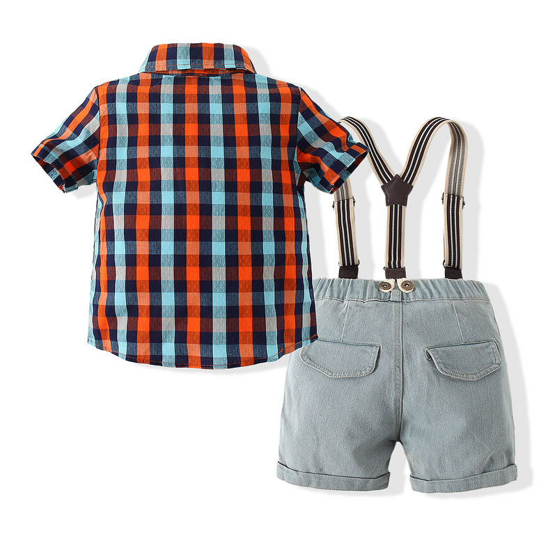 Set de vară pentru băieți, două piese: cămașă cu mânecă scurtă în carouri și salopetă din denim cu pantaloni scurți, bumbac 98%, model în carouri, vară, vârsta 3–8 ani
