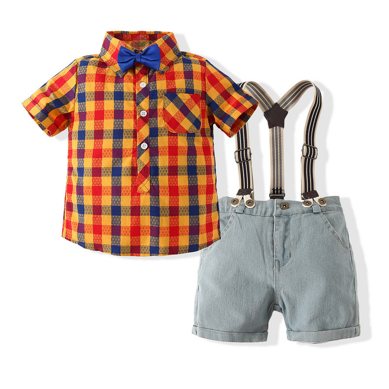 Set de vară pentru băieți, două piese: cămașă cu mânecă scurtă în carouri și salopetă din denim cu pantaloni scurți, bumbac 98%, model în carouri, vară, vârsta 3–8 ani
