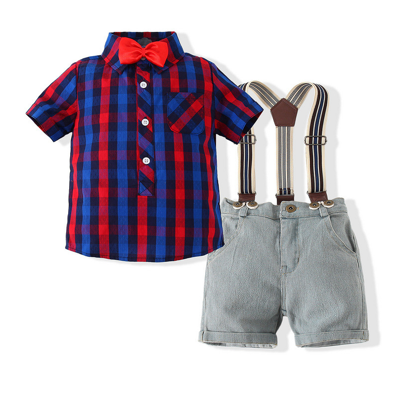 Set de vară pentru băieți, două piese: cămașă cu mânecă scurtă în carouri și salopetă din denim cu pantaloni scurți, bumbac 98%, model în carouri, vară, vârsta 3–8 ani