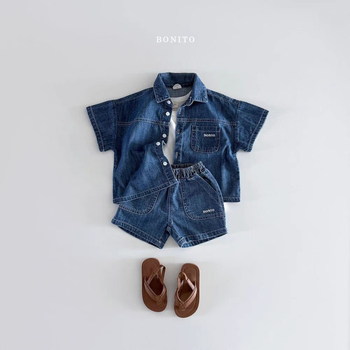 Dječji dvodijelni komplet: denim košulja s kratkim rukavima i šorcima, 95% pamuk, unisex, korejski stil, uzrast 1–3 godine, ljeto.