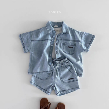 Dječji dvodijelni komplet: denim košulja s kratkim rukavima i šorcima, 95% pamuk, unisex, korejski stil, uzrast 1–3 godine, ljeto.