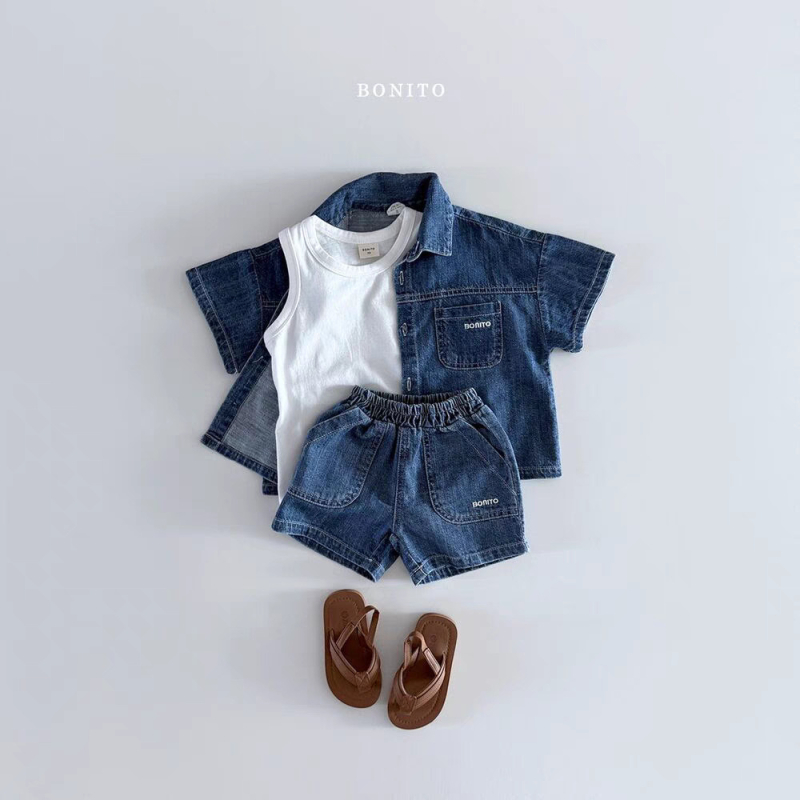 Dječji dvodijelni komplet: denim košulja s kratkim rukavima i šorcima, 95% pamuk, unisex, korejski stil, uzrast 1–3 godine, ljeto.