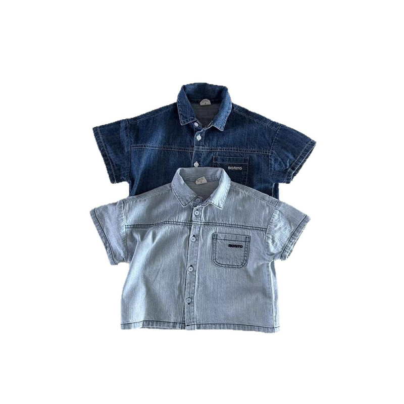 Dječji dvodijelni komplet: denim košulja s kratkim rukavima i šorcima, 95% pamuk, unisex, korejski stil, uzrast 1–3 godine, ljeto.