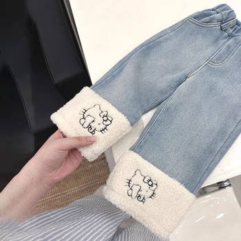 Mergaitėms skirti džinsai su fliso pamušalu, 95% medvilnė, vidutinio aukščio juosta, karikatūrų raštas, tinka 1–3 metų amžiaus