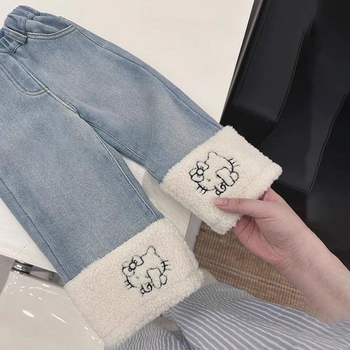 Mergaitėms skirti džinsai su fliso pamušalu, 95% medvilnė, vidutinio aukščio juosta, karikatūrų raštas, tinka 1–3 metų amžiaus