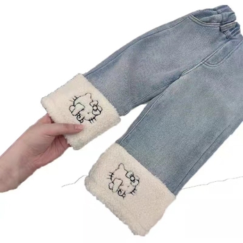 Mergaitėms skirti džinsai su fliso pamušalu, 95% medvilnė, vidutinio aukščio juosta, karikatūrų raštas, tinka 1–3 metų amžiaus