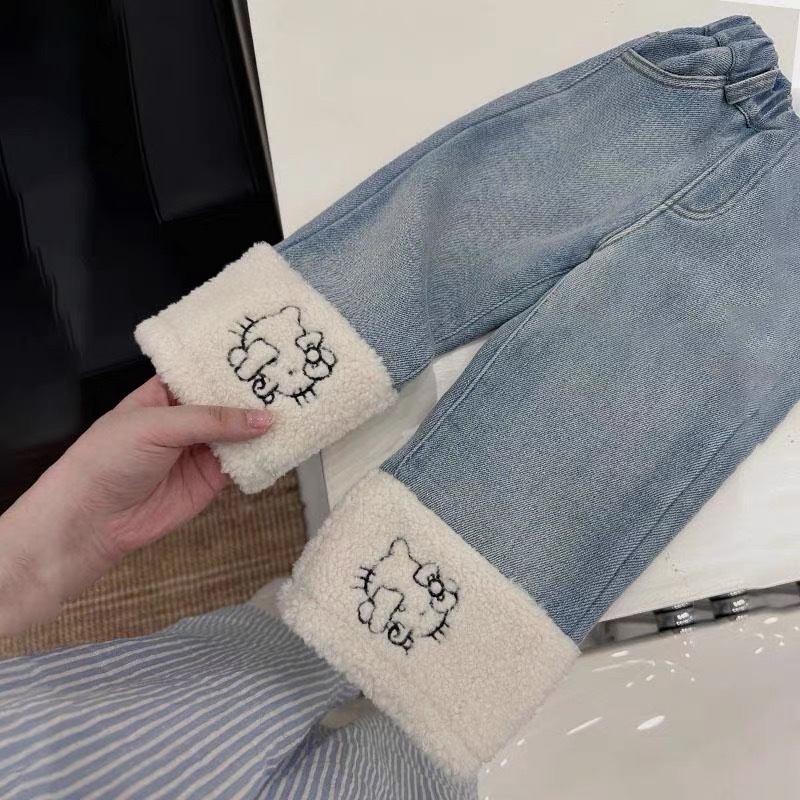 Mergaitėms skirti džinsai su fliso pamušalu, 95% medvilnė, vidutinio aukščio juosta, karikatūrų raštas, tinka 1–3 metų amžiaus