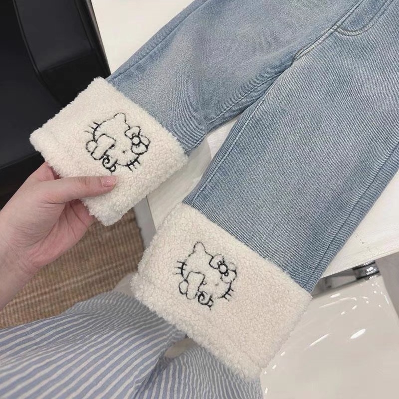 Mergaitėms skirti džinsai su fliso pamušalu, 95% medvilnė, vidutinio aukščio juosta, karikatūrų raštas, tinka 1–3 metų amžiaus