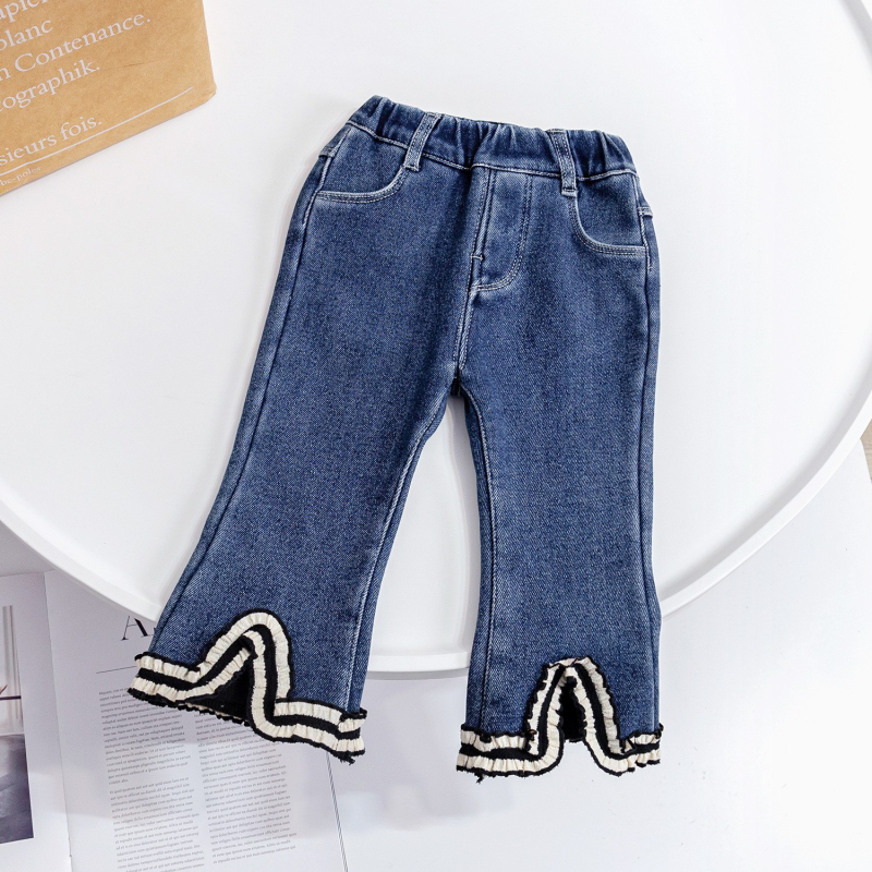 Mergaitėms skirti džinsai su fliso pamušalu, 95% medvilnė, vidutinio aukščio juosta, karikatūrų raštas, tinka 1–3 metų amžiaus