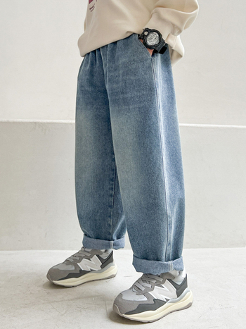 Vaikų džinsai su tiesia kojų linija, laisvalaikio stilius, medvilnė 62.2%, vidurinė juosta su elastine juosta, ruduo 2025