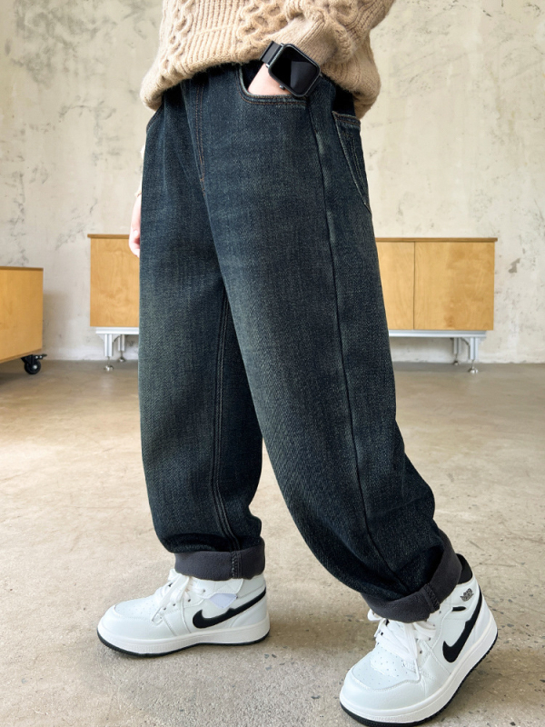 Dječje hlače za dječake u korejskom stilu, Cowboy denim, pamuk, srednje visoki pojas, mekša obrada i pranje enzimom