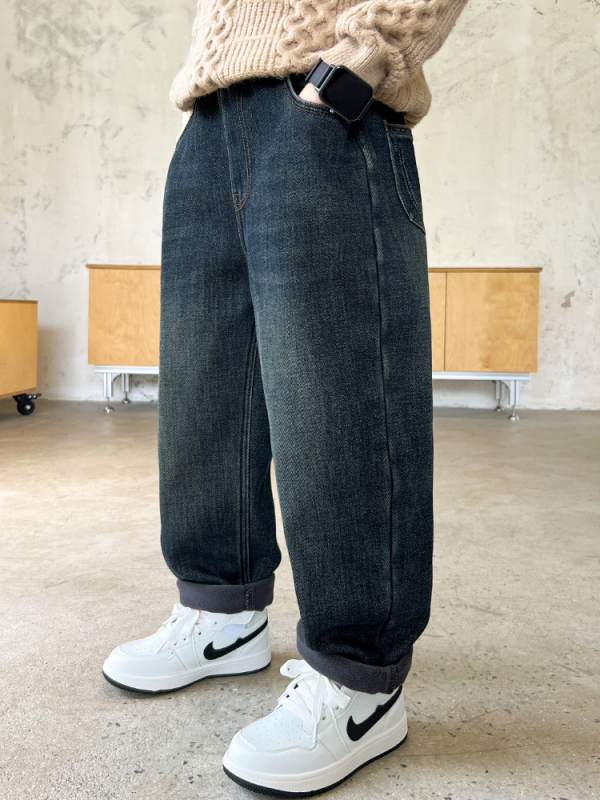 Dječje hlače za dječake u korejskom stilu, Cowboy denim, pamuk, srednje visoki pojas, mekša obrada i pranje enzimom