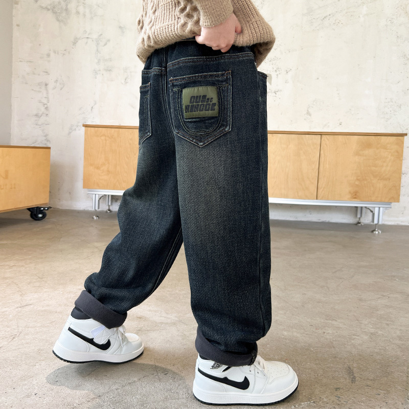 Dječje hlače za dječake u korejskom stilu, Cowboy denim, pamuk, srednje visoki pojas, mekša obrada i pranje enzimom