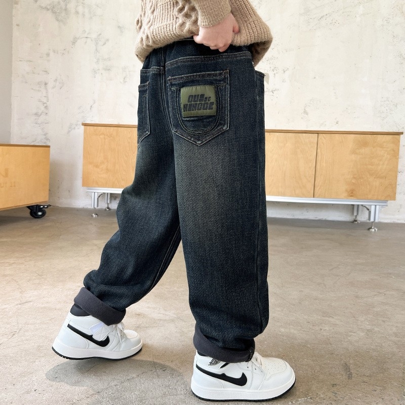 Dječje hlače za dječake u korejskom stilu, Cowboy denim, pamuk, srednje visoki pojas, mekša obrada i pranje enzimom