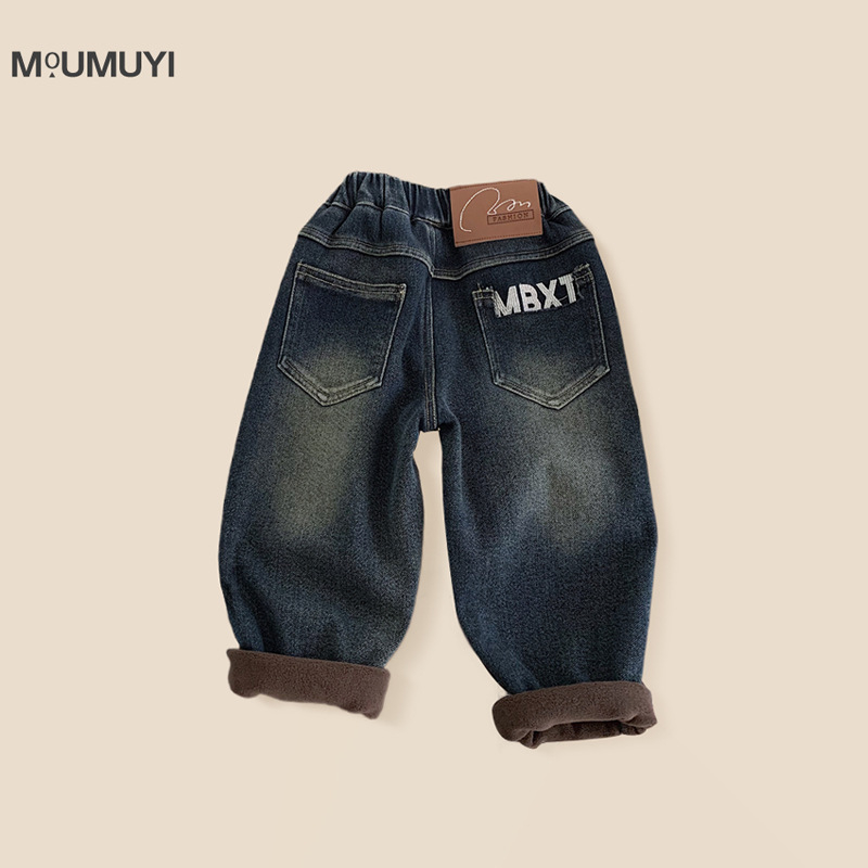 Bernių džinsinės kelnės su flisu, korejiečių versija, vidutinio dydžio juosta su elastingu diržu, flisinis audinys, išorė: 97% medvilnė / 3% elastanas; pamušalas: 94% poliesteris / 6% elastanas; vaikams 3-8 m