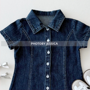 Mergaitės džinsinė suknelė iš medvilnės, Korejos stilius, A linija, trumpomis rankovėmis