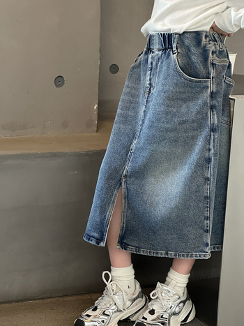 Mergaitėms džinsinis sijonas Korėjos stiliaus su įpjova, skirta vyresnėms nei 8 metų mergaitėms (virš 140 cm), pavasaris 2025