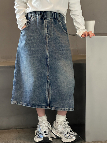 Mergaitėms džinsinis sijonas Korėjos stiliaus su įpjova, skirta vyresnėms nei 8 metų mergaitėms (virš 140 cm), pavasaris 2025