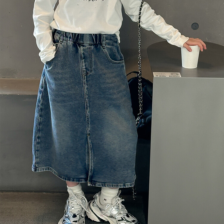 Mergaitėms džinsinis sijonas Korėjos stiliaus su įpjova, skirta vyresnėms nei 8 metų mergaitėms (virš 140 cm), pavasaris 2025