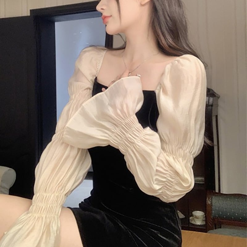 Rochie din poliester cu design de îmbinare, guler cu linie simplă, mâneci clopot lungi, croială în A