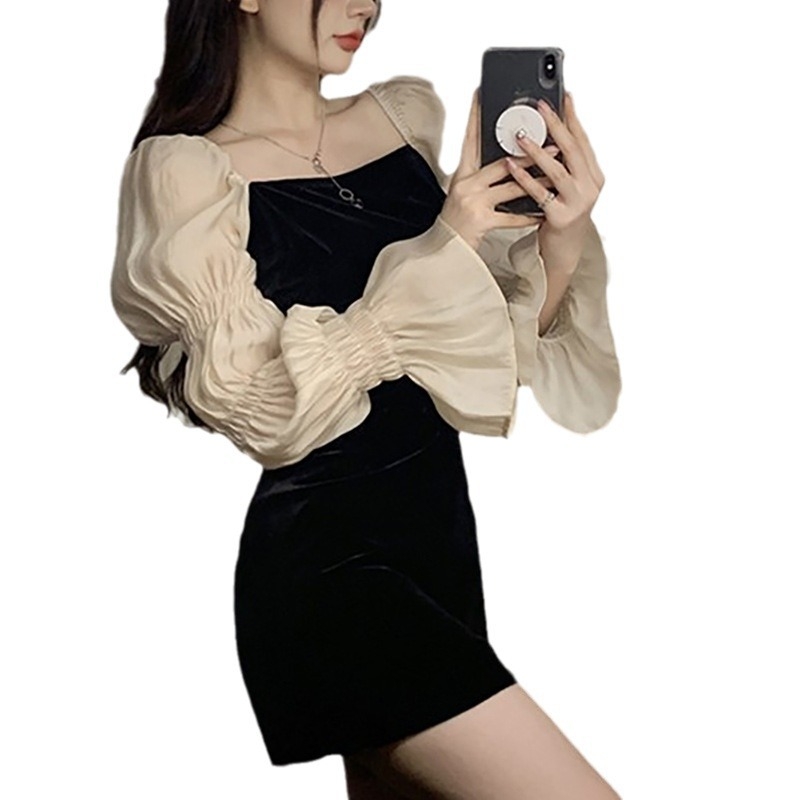Rochie din poliester cu design de îmbinare, guler cu linie simplă, mâneci clopot lungi, croială în A
