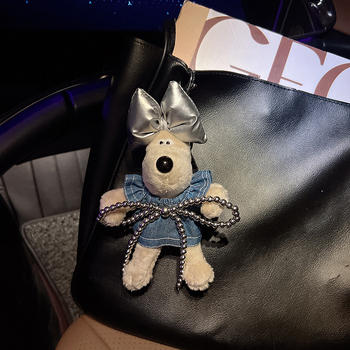 Curea de chei din pluș cu cățeluș desen animat, fustă denim și funda mare