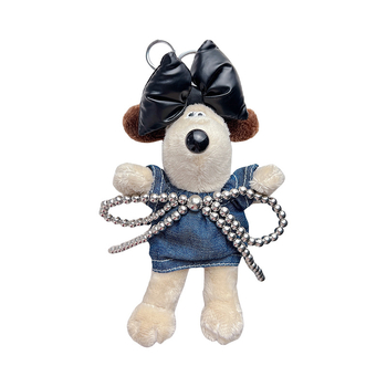 Curea de chei din pluș cu cățeluș desen animat, fustă denim și funda mare