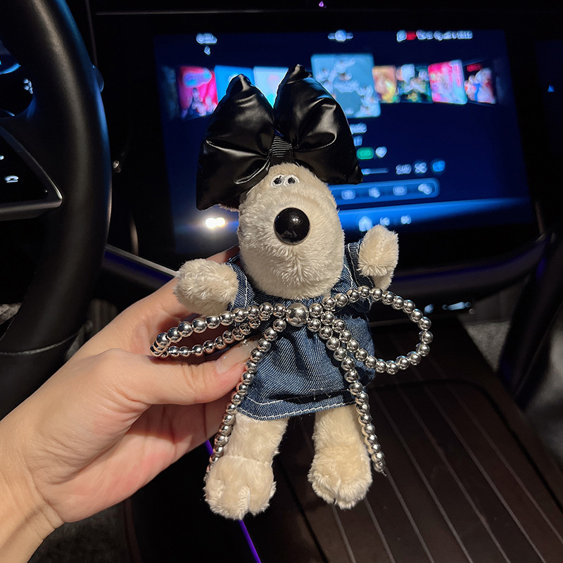 Curea de chei din pluș cu cățeluș desen animat, fustă denim și funda mare