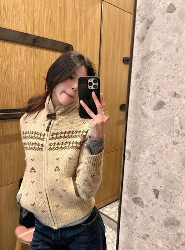 Vintage jacquard pleteni kardigan sa zipom, dama, dugi rukavi, udoban široki kroj