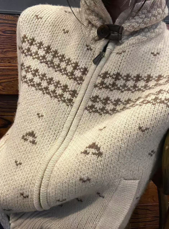 Vintage jacquard pleteni kardigan sa zipom, dama, dugi rukavi, udoban široki kroj