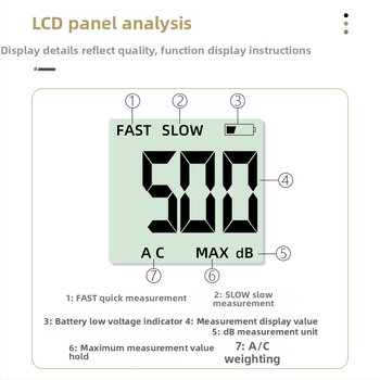 Rankinis skaitmeninis triukšmo matuoklis, diapazonas 30–150 dB, tikslumas ±2.0 dB, raiška 0.1 dB, darbinė temperatūra 0–40°C