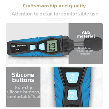 Rankinis skaitmeninis triukšmo matuoklis, diapazonas 30–150 dB, tikslumas ±2.0 dB, raiška 0.1 dB, darbinė temperatūra 0–40°C