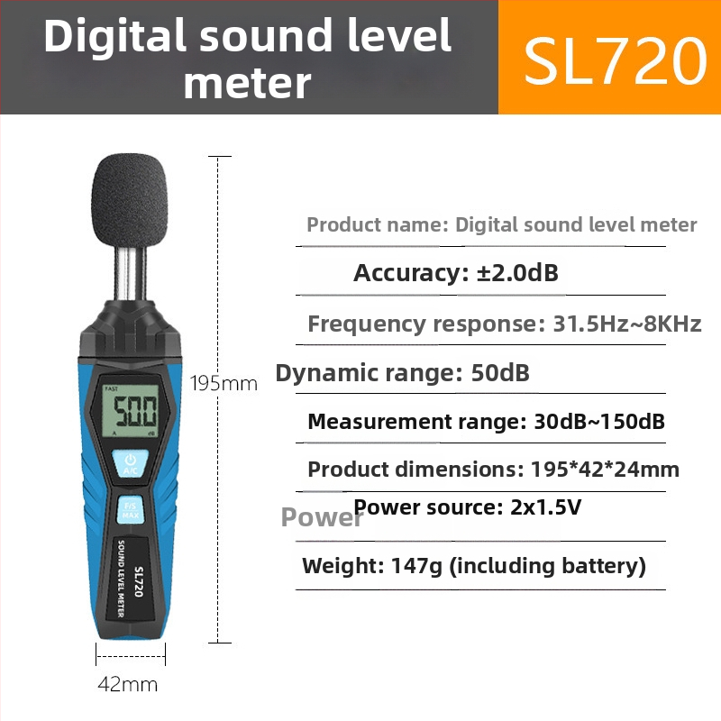 Rankinis skaitmeninis triukšmo matuoklis, diapazonas 30–150 dB, tikslumas ±2.0 dB, raiška 0.1 dB, darbinė temperatūra 0–40°C