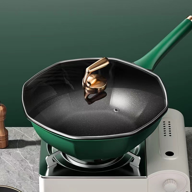 Wok s Maifanovým kameňom, nepřilnavý, kompatibilný s indukčnou platňou, sklenený kryt, model H09