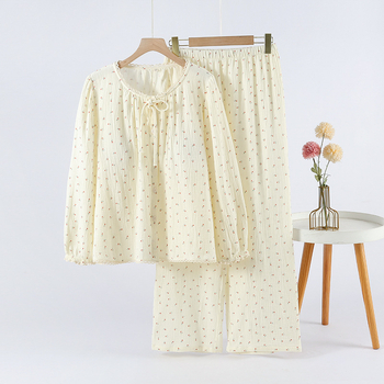 Puuvillane krepp-pižama komplekt ümmarguse kaelusega, pikad varrukad, pikad püksid, kodusesse kandmisse, 100% puuvill, kerge kangas 121–140 g/m²
