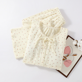 Puuvillane krepp-pižama komplekt ümmarguse kaelusega, pikad varrukad, pikad püksid, kodusesse kandmisse, 100% puuvill, kerge kangas 121–140 g/m²