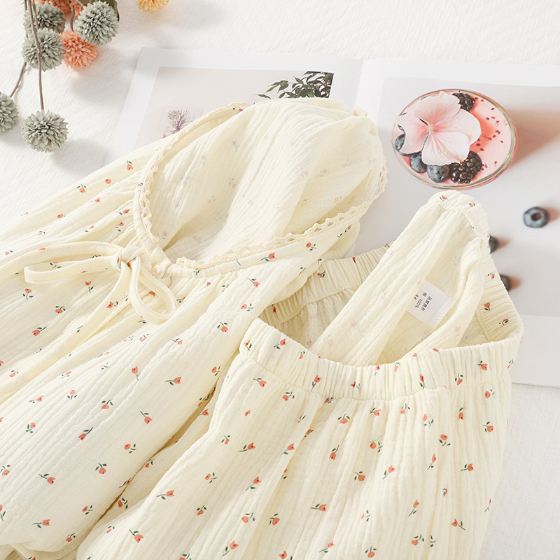 Puuvillane krepp-pižama komplekt ümmarguse kaelusega, pikad varrukad, pikad püksid, kodusesse kandmisse, 100% puuvill, kerge kangas 121–140 g/m²