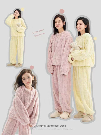 Szülő-gyerek otthoni ruházati készlet: dupla oldalú velúr medvével, korall plüssel, antibakteriális és meleg, 3–8 éveseknek (ősz-tél)