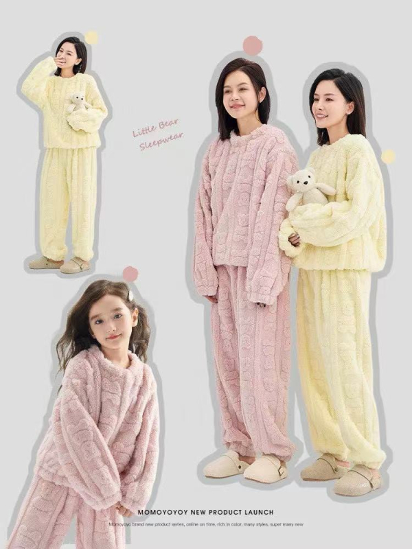 Szülő-gyerek otthoni ruházati készlet: dupla oldalú velúr medvével, korall plüssel, antibakteriális és meleg, 3–8 éveseknek (ősz-tél)