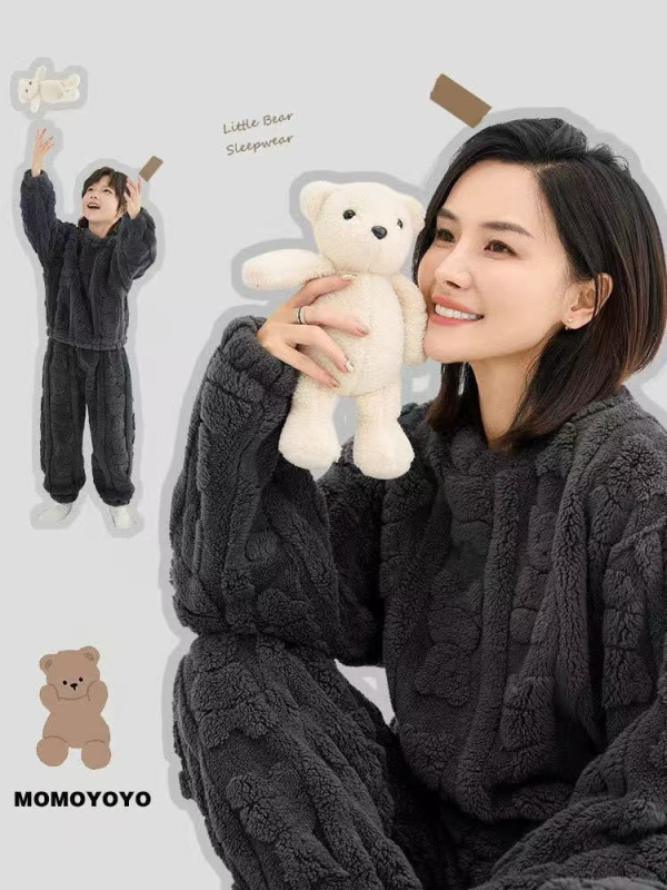 Szülő-gyerek otthoni ruházati készlet: dupla oldalú velúr medvével, korall plüssel, antibakteriális és meleg, 3–8 éveseknek (ősz-tél)