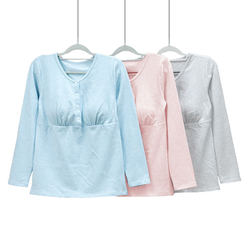 Po gimdymo maitinančio topas su priekiniais mygtukais, storesnės medvilnės audinys, ilgomis rankovėmis, apvali kaklo linija — ruduo 2024