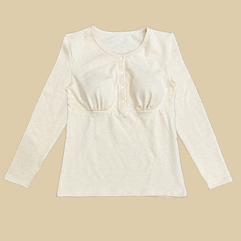 Po gimdymo maitinančio topas su priekiniais mygtukais, storesnės medvilnės audinys, ilgomis rankovėmis, apvali kaklo linija — ruduo 2024