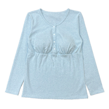 Po gimdymo maitinančio topas su priekiniais mygtukais, storesnės medvilnės audinys, ilgomis rankovėmis, apvali kaklo linija — ruduo 2024